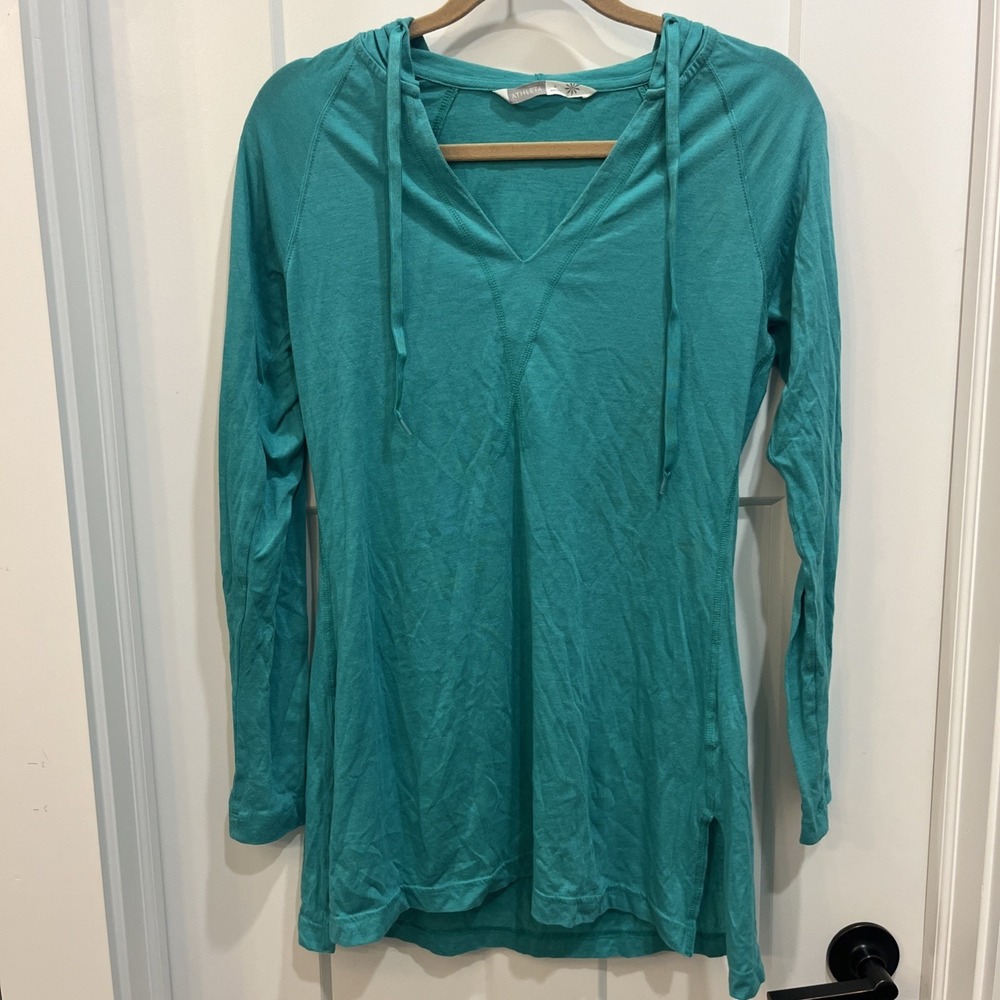 Athleta Lightweight Knit Top Hooded Long Sleeve Women Sz M Neptune Green Heather
